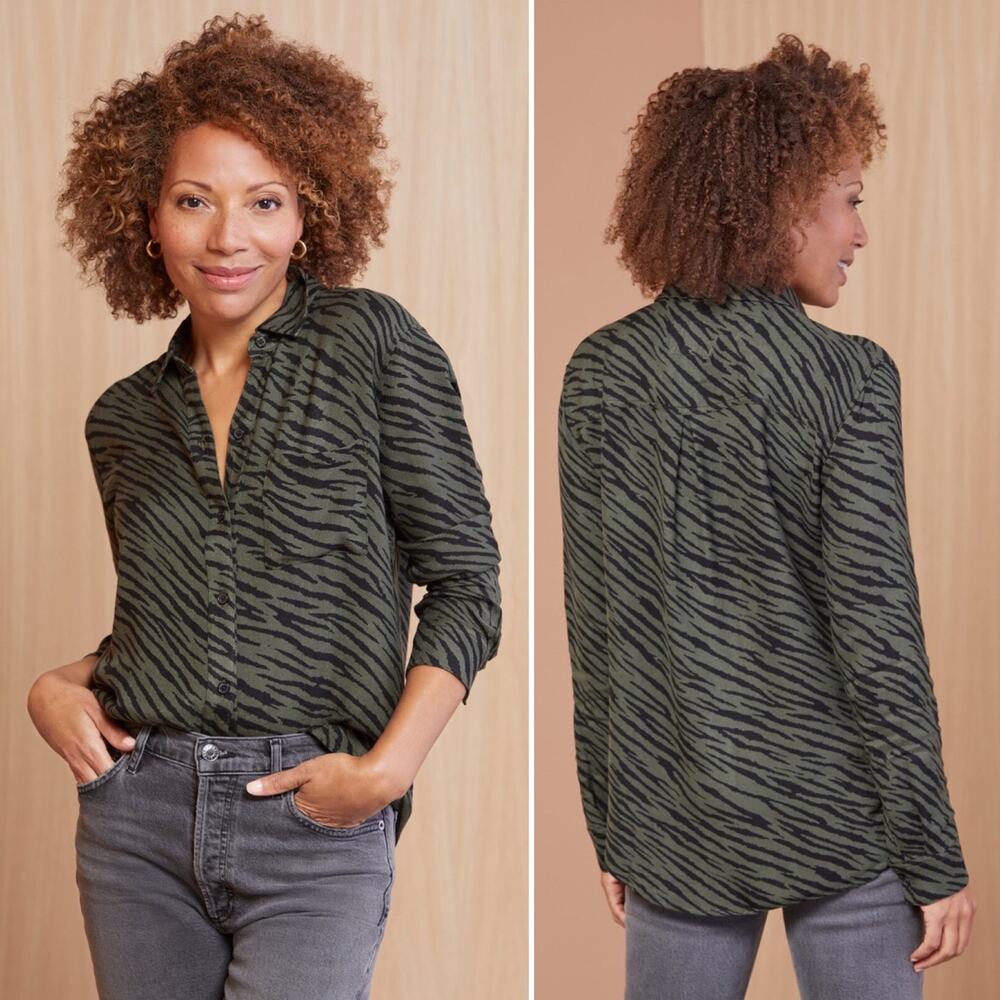 Rails Hunter Top Olive Green Animal Stripe Tiger Zebra Long Sleeve Button Down